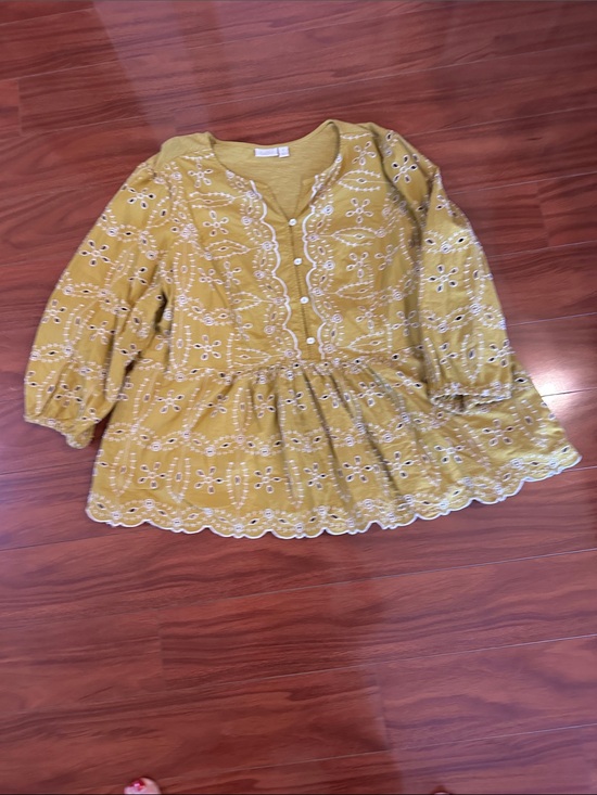 LOGO by Lori Goldstein Tops - LOGO by Lori Goldstein Mustard Yellow Eyelet Peplum Blouse